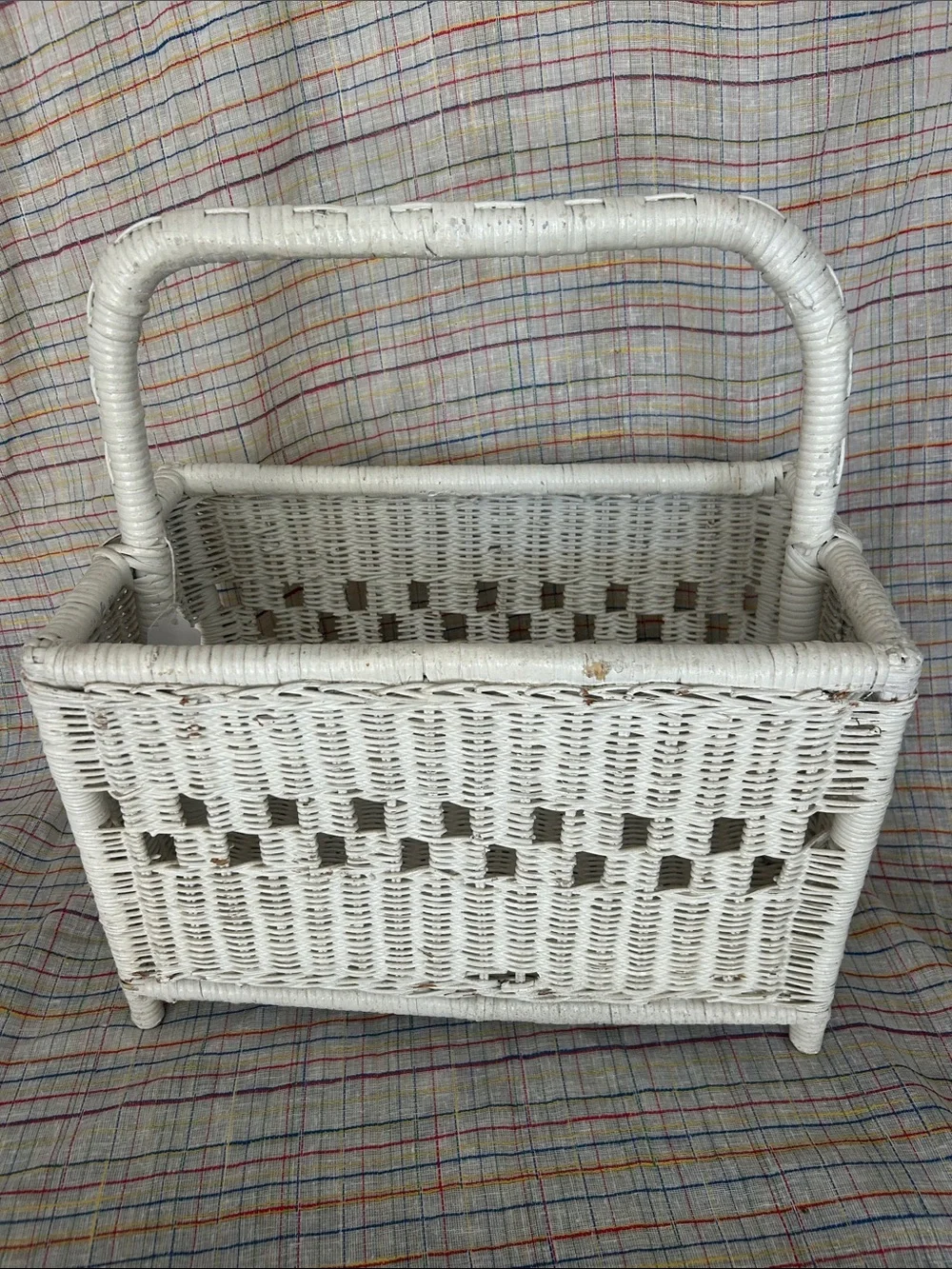 Vintage White Wicker Storage Basket with Handle